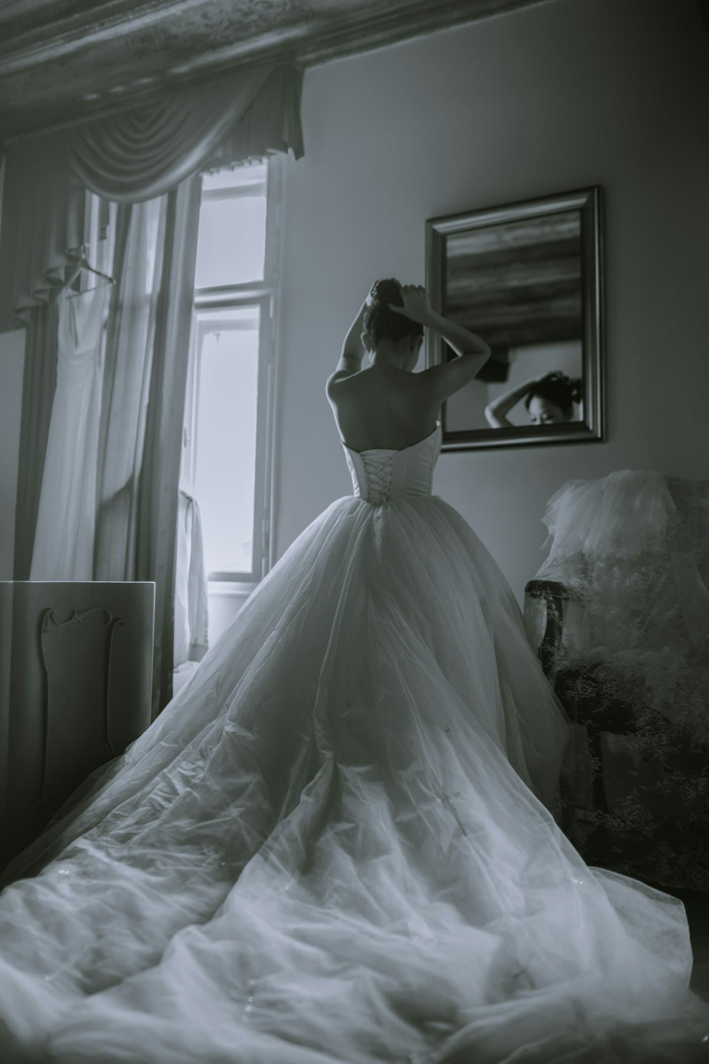 Bridal gown with a full tulle skirt